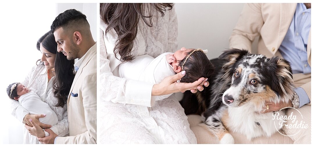 Parents holding their newborn and their dog during their Fort Lauderdale newborn photography session with Ivanna Vidal.