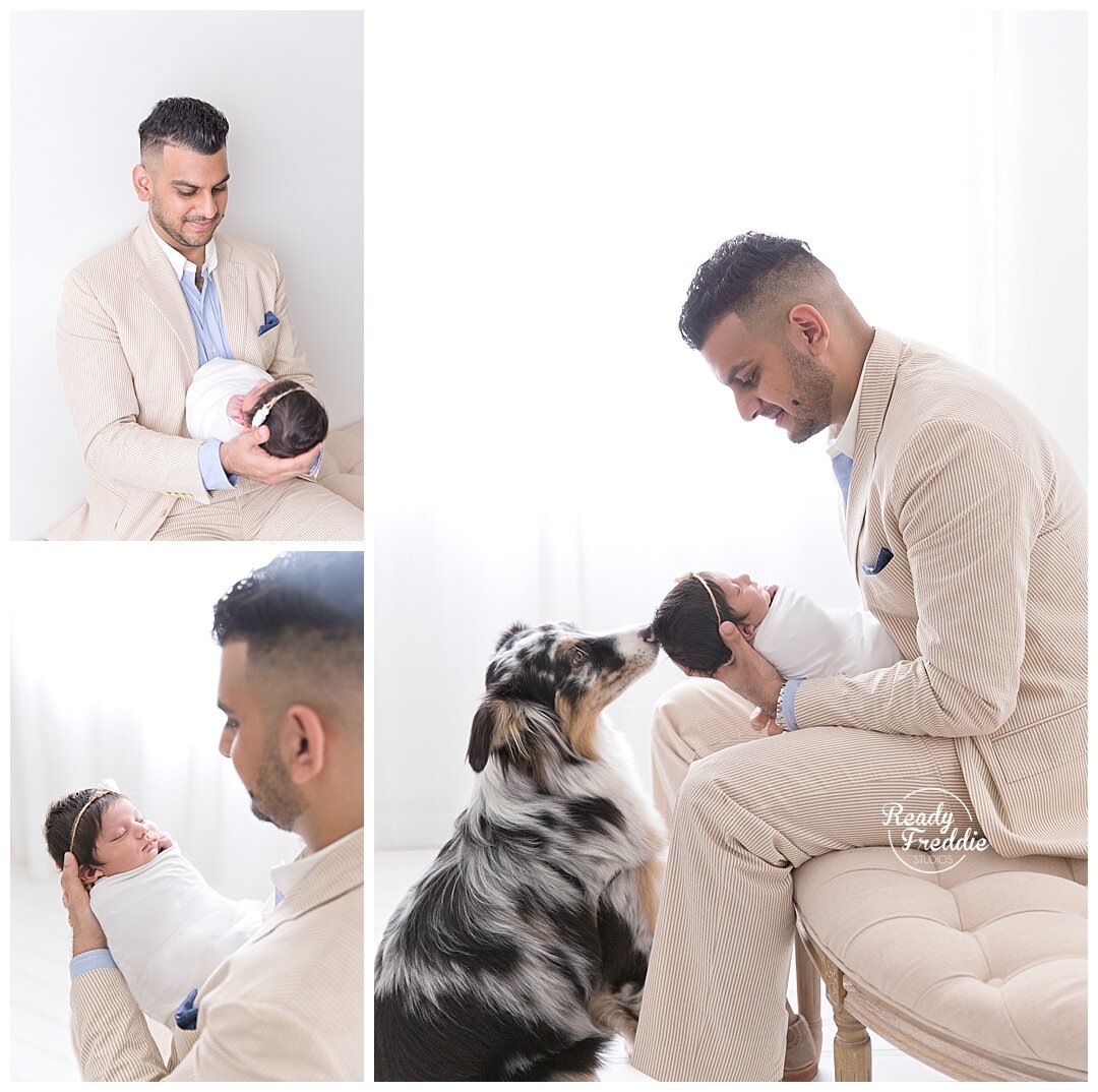 Dad with newborn baby girl and dog with Fort Lauderdale newborn photographer Ivanna Vidal Photography
