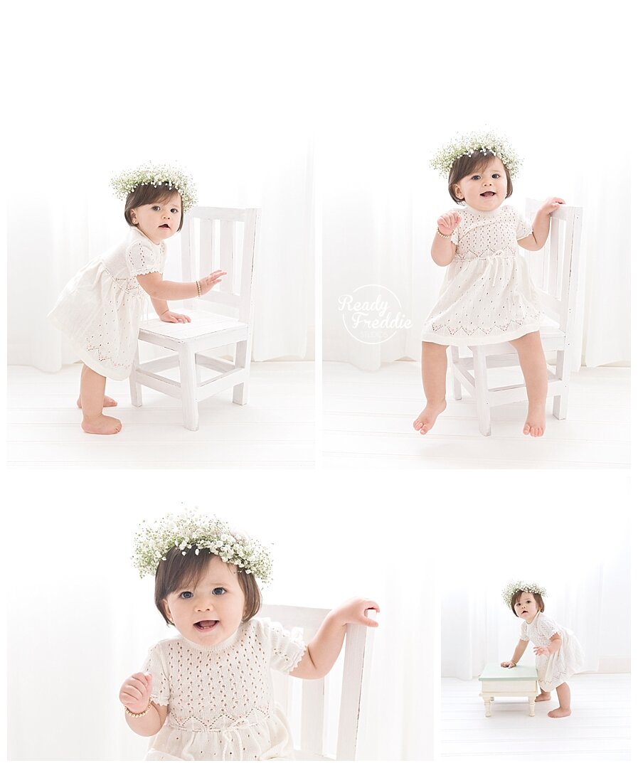 First year and cake smash ideas for girls with baby breath flower crown photographed by Ivanna Vidal Photography