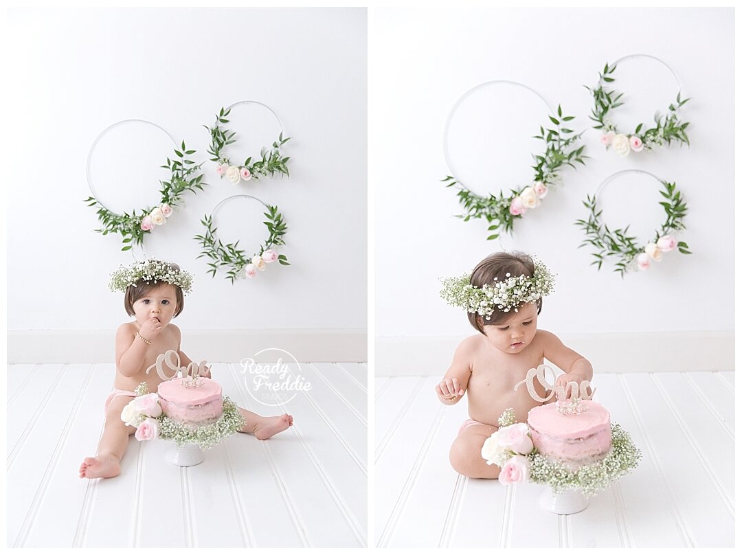 Floral Rings and Roses and Baby Breath on Cake Smash for first birthday sessions in Miami natural light studio by Ivanna Vidal Photography