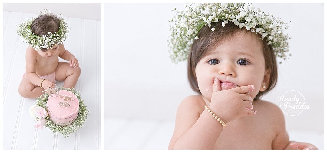 Baby Breath and roses for Cake Smash session perfect floral themed birthday in Miami by Ivanna Vidal Photography