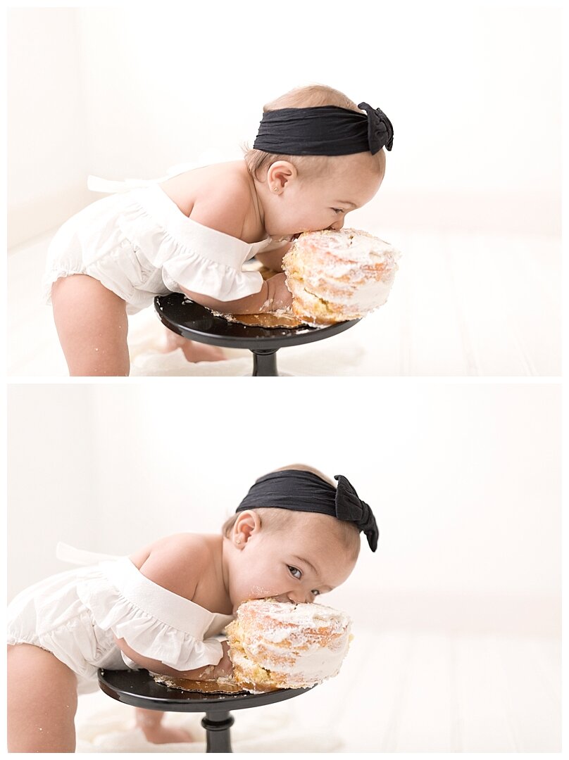 one year old girl eating Disney cake smash themed photography session in Miami, FL Ivanna Vidal Photography