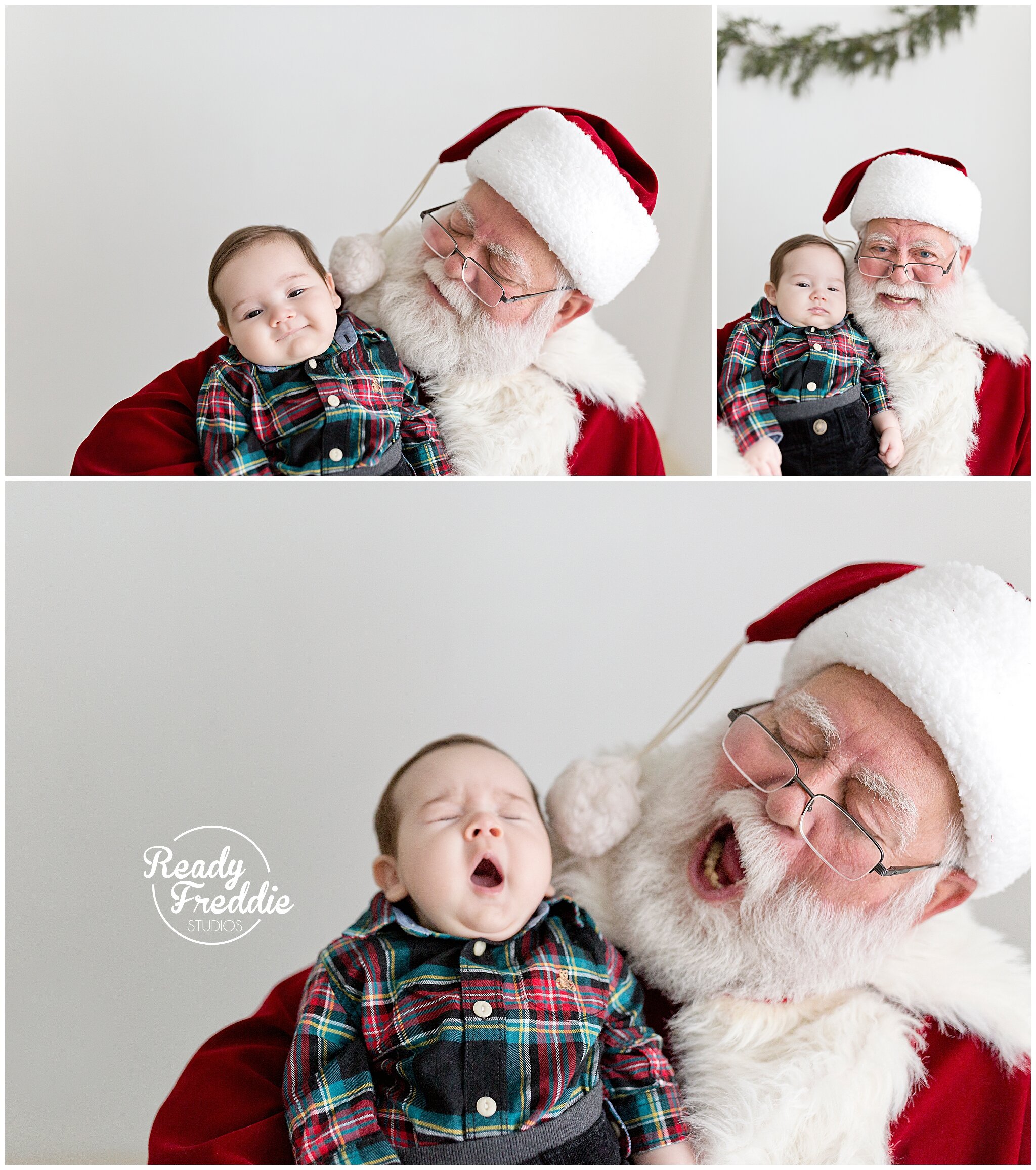 Baby's first Christmas photos and yawning with Santa and Ivanna Vidal Photography in Miami FL photo studio