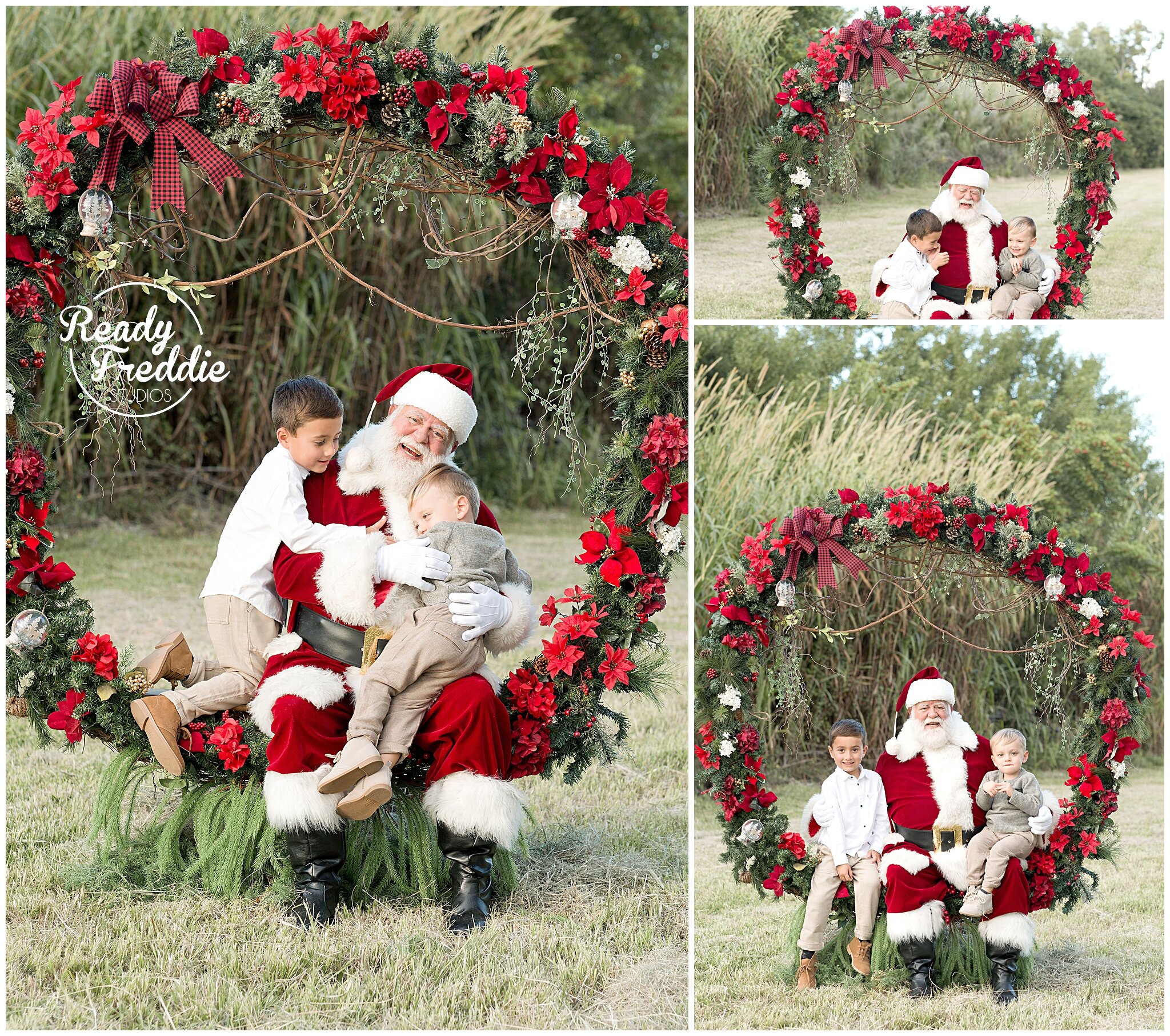 Santa pictures set up with giant wreath with Ivanna Vidal Photography