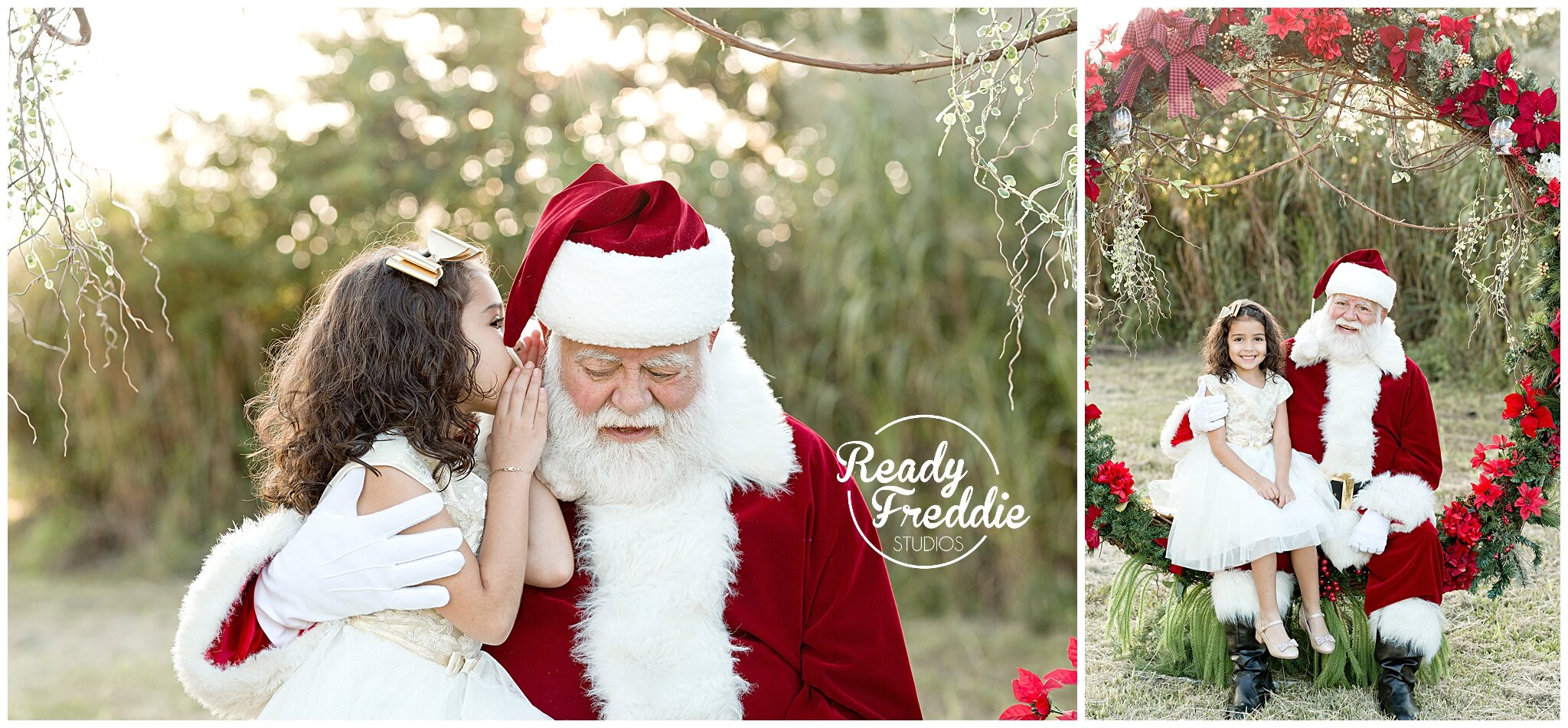 Kids whispering to Santa during outdoor holiday minis | Ready Freddie Studios Miami, FL