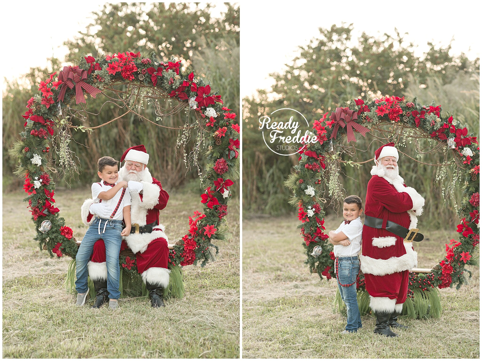 Cool older boy with Santa and outdoor giant wreath with Ivanna Vidal Photography