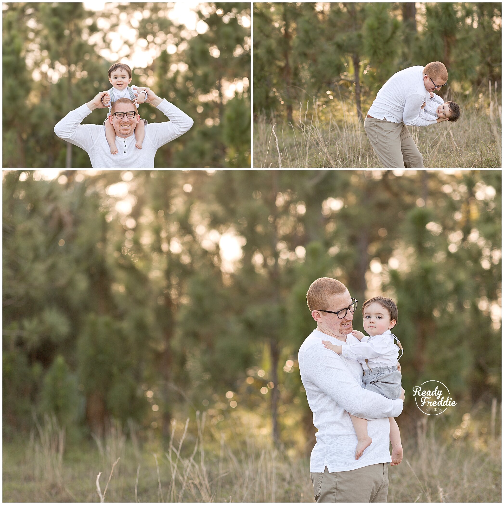 Ideas for dad and baby boy photos during family session at the field during sunset in Miami, FL with Ready Freddie Studios