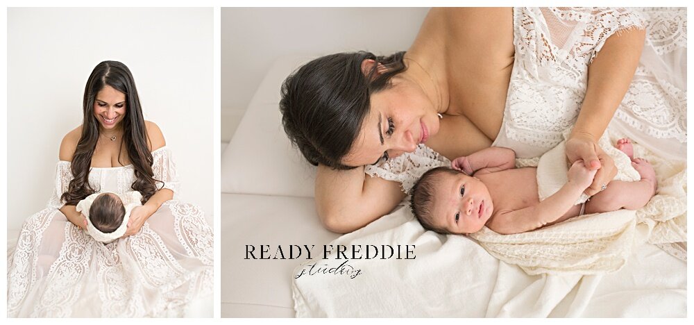 Mom and baby boy newborn session in all white photography studio in Miami Beach | Ready Freddie Studios - Miami, FL