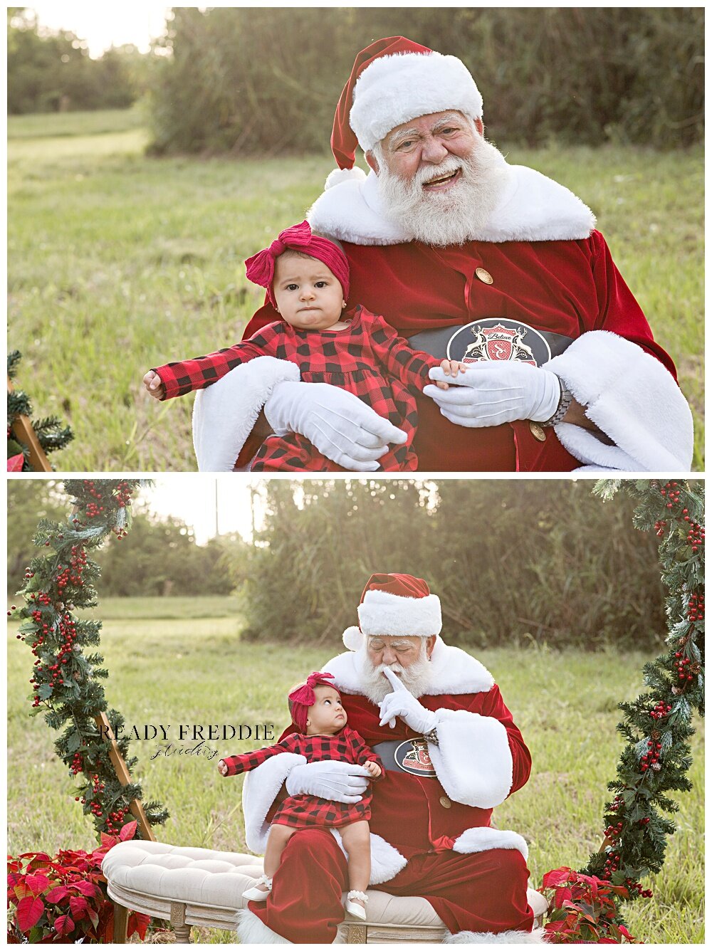 Baby girl taking pictures with Santa in Miami Florida field during sunset | Ready Freddie Studios
