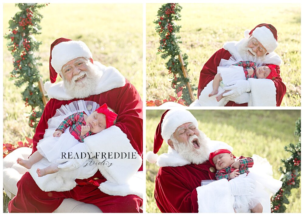 Newborn baby wearing tutu takes pictures with Santa while sleeping | Ready Freddie Studios - Miami, FL