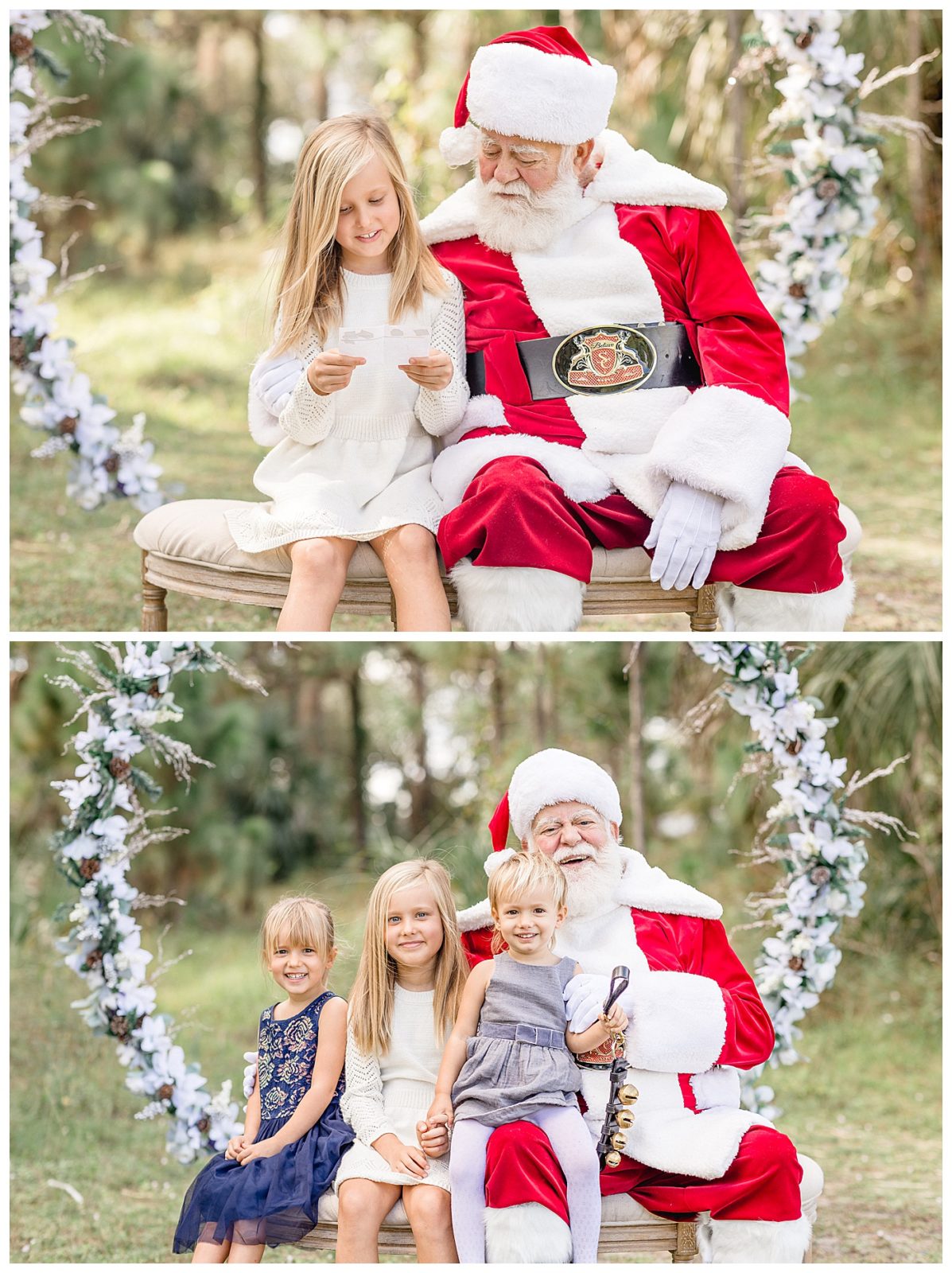 Little girl sits on Santa's lap in Miami Santa session. Photo by Ivanna Vidal Photography.