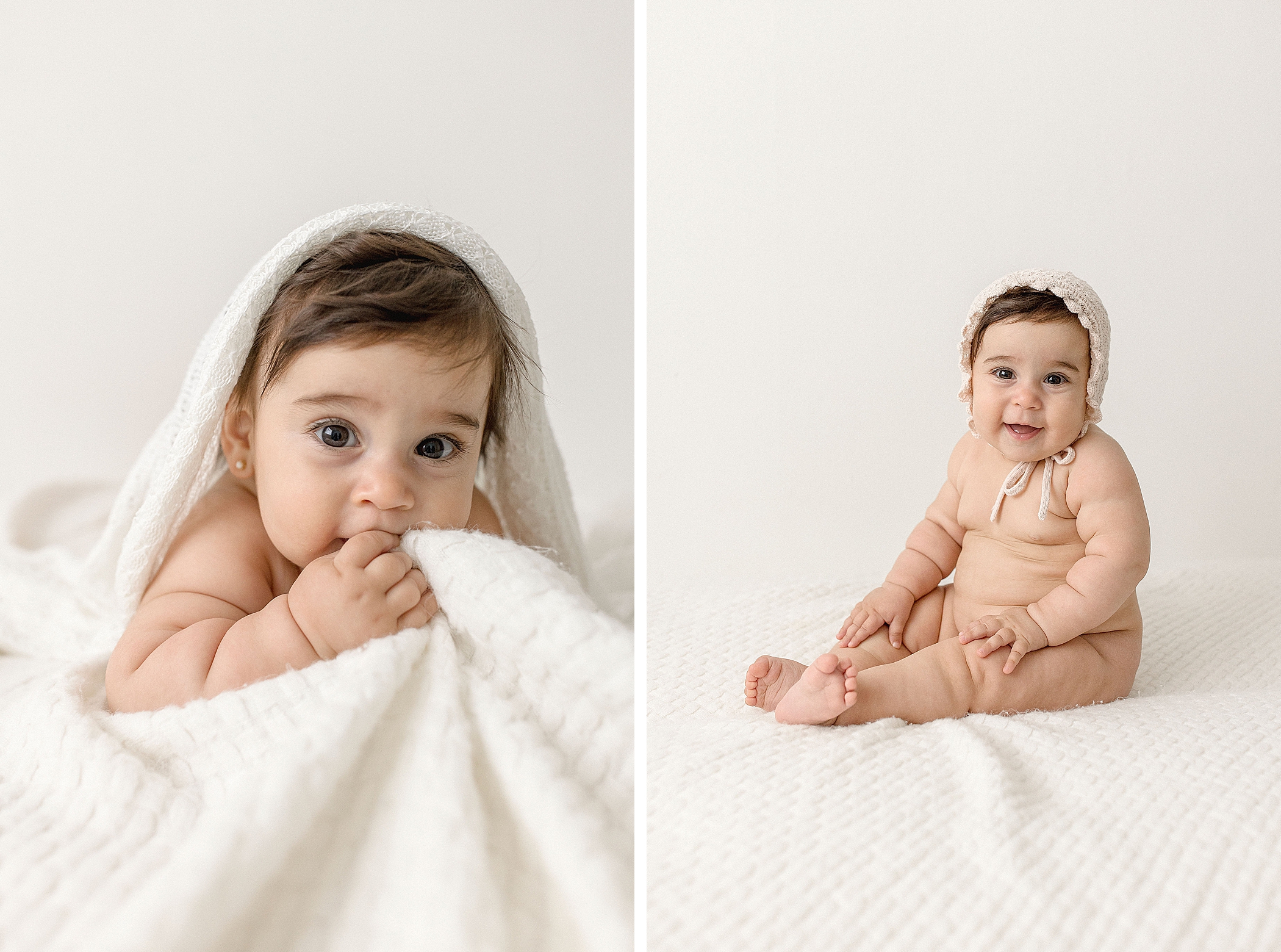 6 month old sitting up on the bed. Photo by Ivanna Vidal Photography