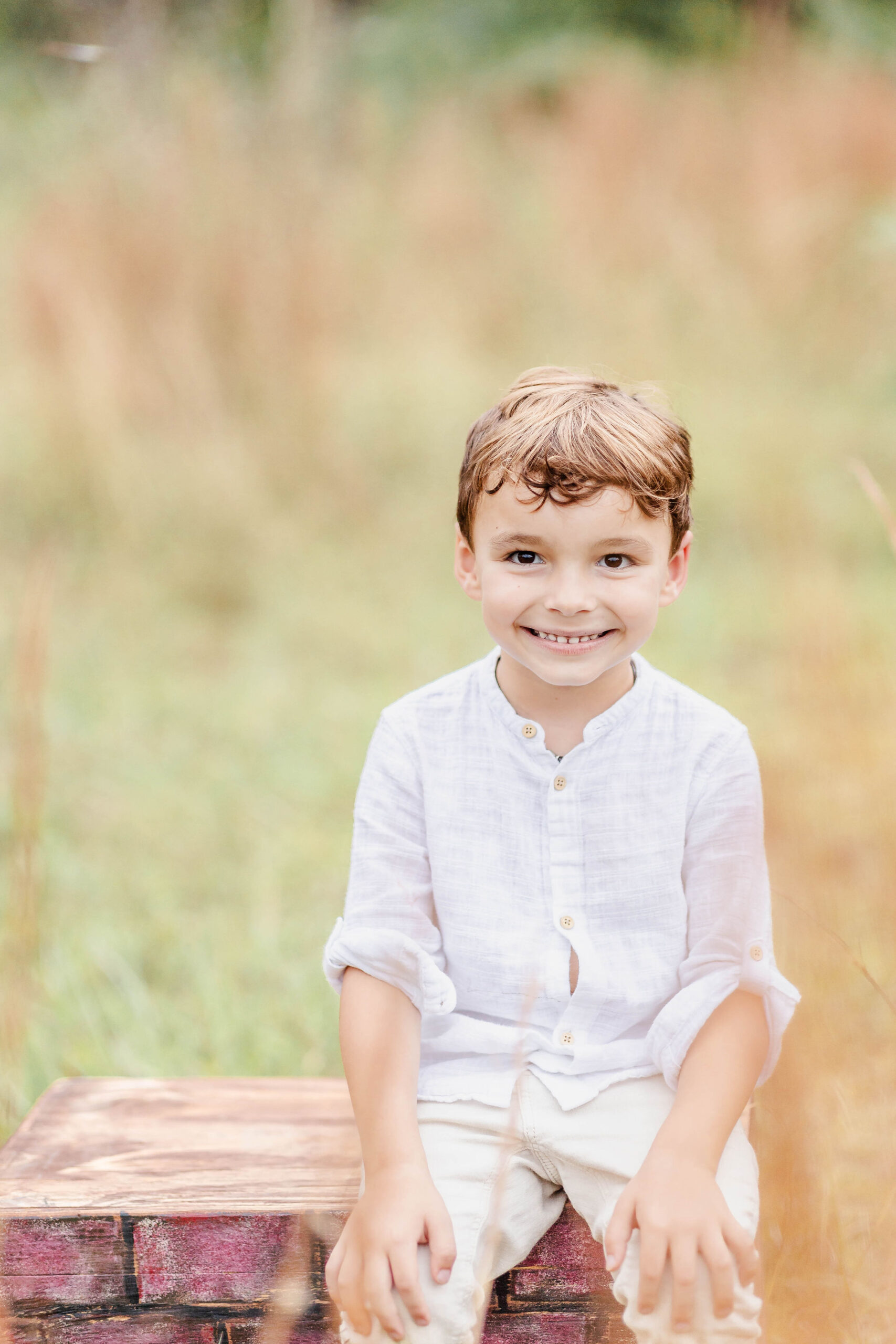 A happy toddler boy sits on a box in a field of tall grass smiling in a white shirt before visiting the miami children's museum