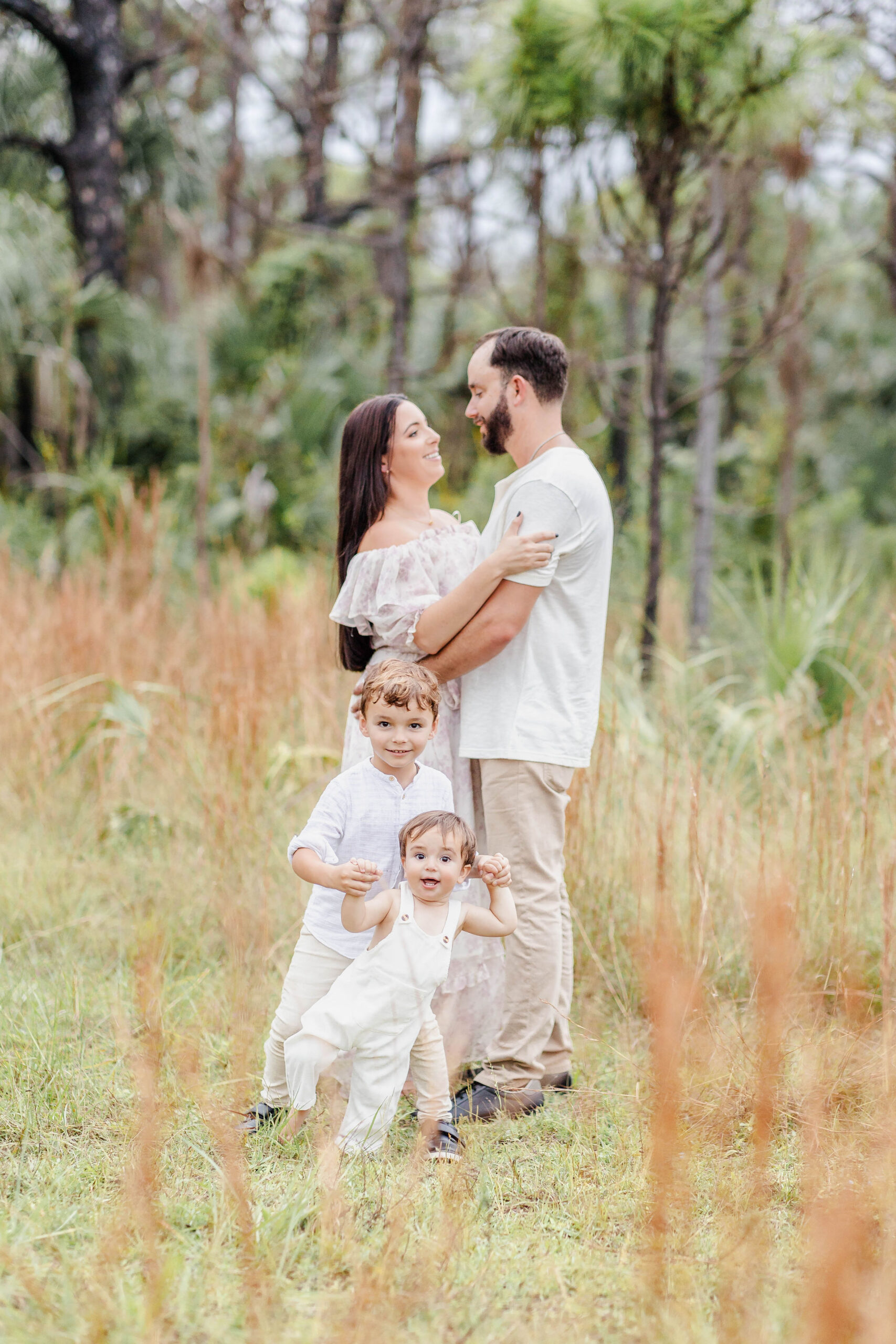 A mom and dad snuggle as their two toddler sons laugh and play at their feet in a field of tall golden grass