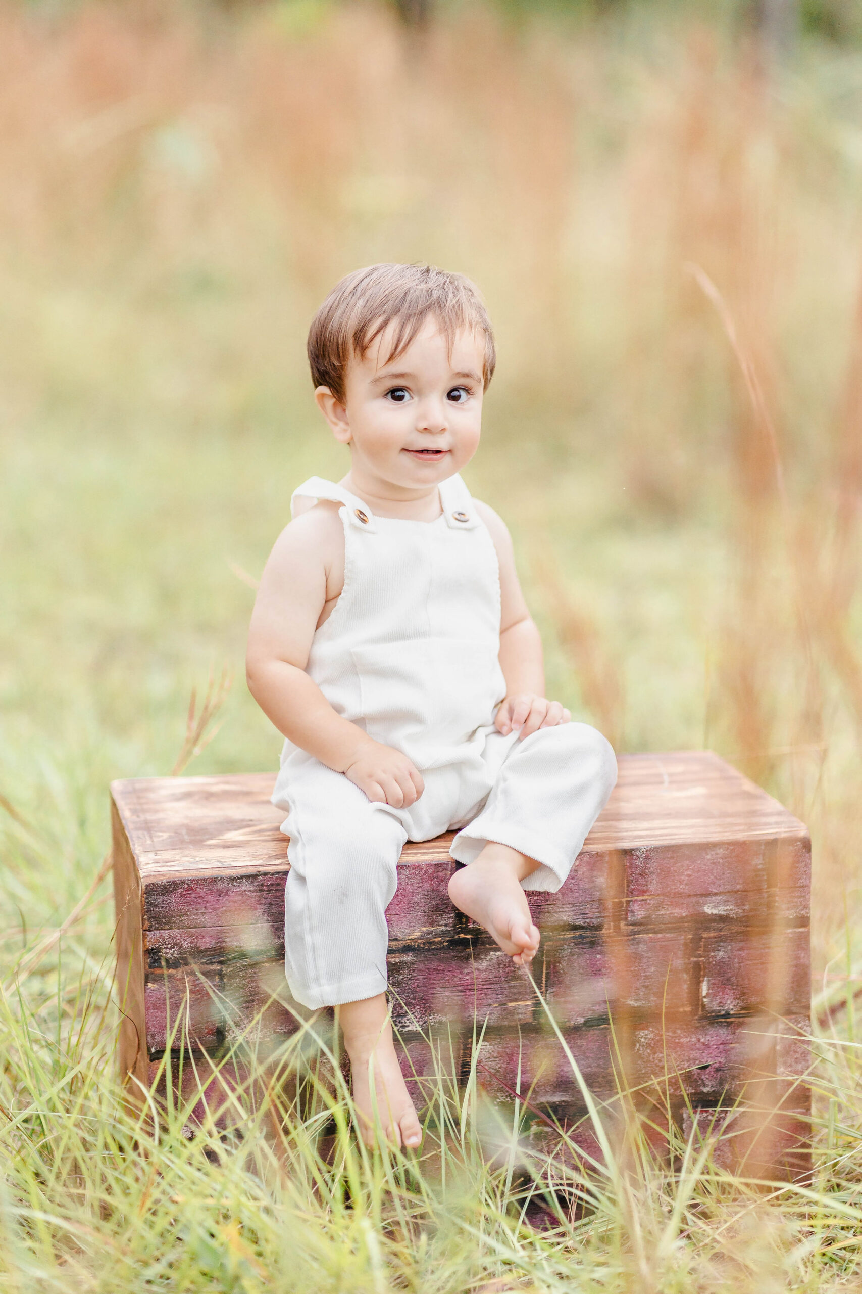 A happy baby in white overalls sits on an apple box in a field of tall grass before visiting a corn maze in miami